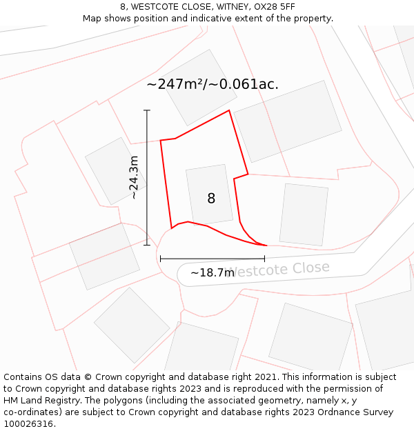 8, WESTCOTE CLOSE, WITNEY, OX28 5FF: Plot and title map