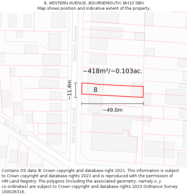 8, WESTERN AVENUE, BOURNEMOUTH, BH10 5BN: Plot and title map