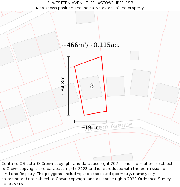 8, WESTERN AVENUE, FELIXSTOWE, IP11 9SB: Plot and title map