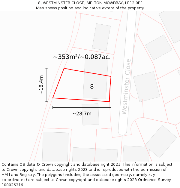 8, WESTMINSTER CLOSE, MELTON MOWBRAY, LE13 0PF: Plot and title map