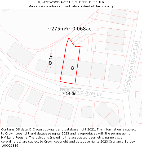 8, WESTWOOD AVENUE, SHEFFIELD, S6 1UP: Plot and title map