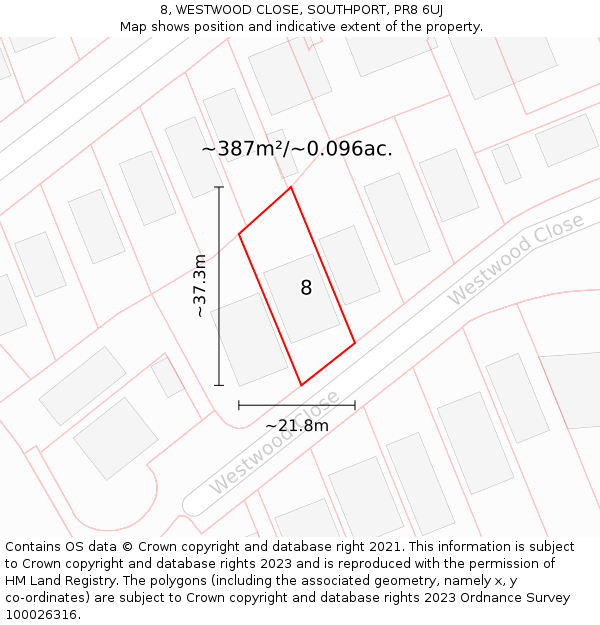 8, WESTWOOD CLOSE, SOUTHPORT, PR8 6UJ: Plot and title map