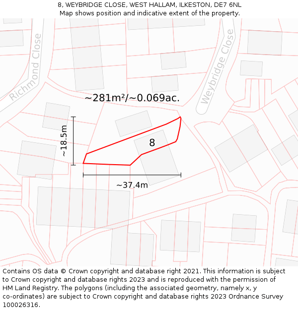 8, WEYBRIDGE CLOSE, WEST HALLAM, ILKESTON, DE7 6NL: Plot and title map