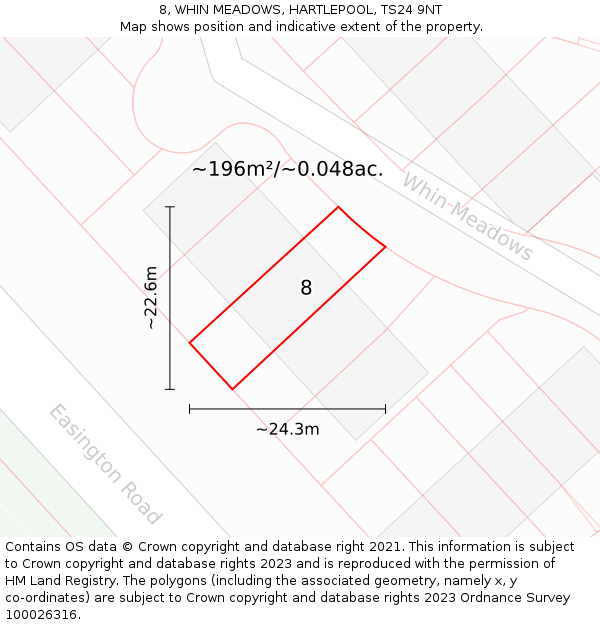 8, WHIN MEADOWS, HARTLEPOOL, TS24 9NT: Plot and title map