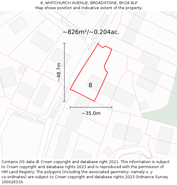 8, WHITCHURCH AVENUE, BROADSTONE, BH18 8LP: Plot and title map