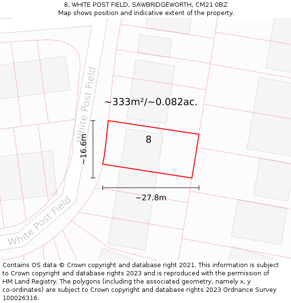 8, WHITE POST FIELD, SAWBRIDGEWORTH, CM21 0BZ: Plot and title map