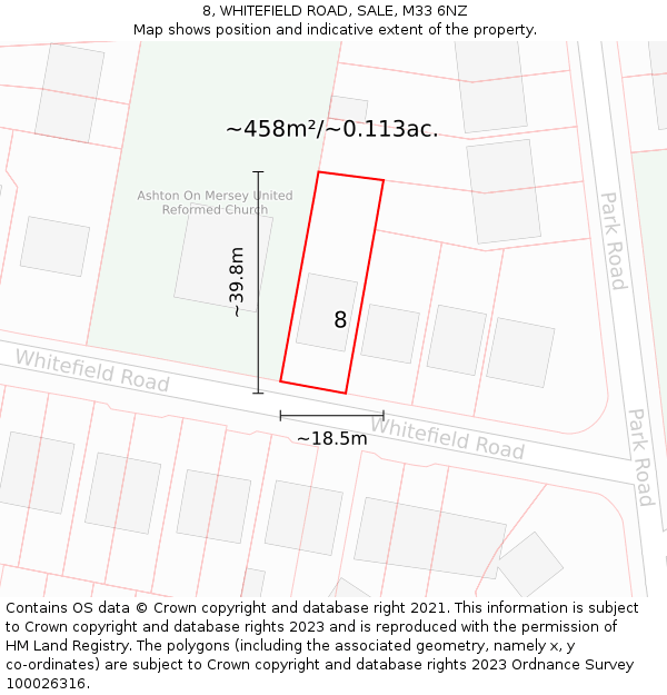 8, WHITEFIELD ROAD, SALE, M33 6NZ: Plot and title map