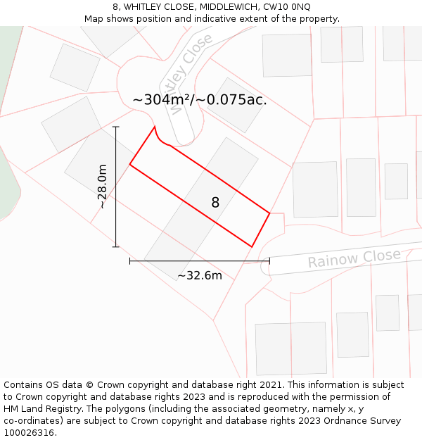 8, WHITLEY CLOSE, MIDDLEWICH, CW10 0NQ: Plot and title map