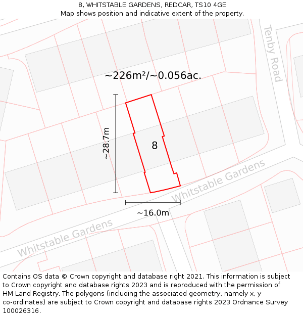 8, WHITSTABLE GARDENS, REDCAR, TS10 4GE: Plot and title map