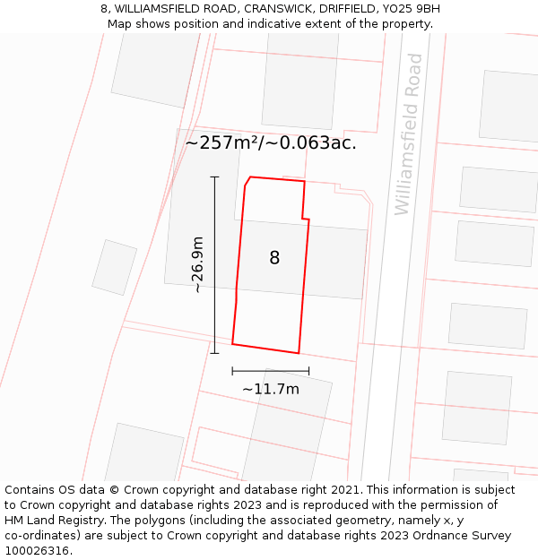 8, WILLIAMSFIELD ROAD, CRANSWICK, DRIFFIELD, YO25 9BH: Plot and title map