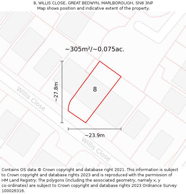 8, WILLIS CLOSE, GREAT BEDWYN, MARLBOROUGH, SN8 3NP: Plot and title map