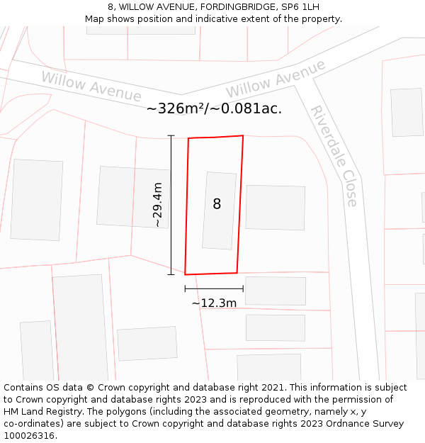 8, WILLOW AVENUE, FORDINGBRIDGE, SP6 1LH: Plot and title map