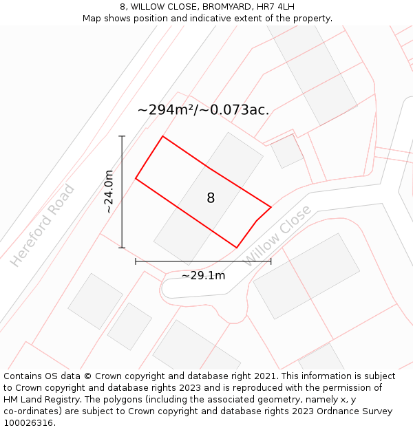 8, WILLOW CLOSE, BROMYARD, HR7 4LH: Plot and title map
