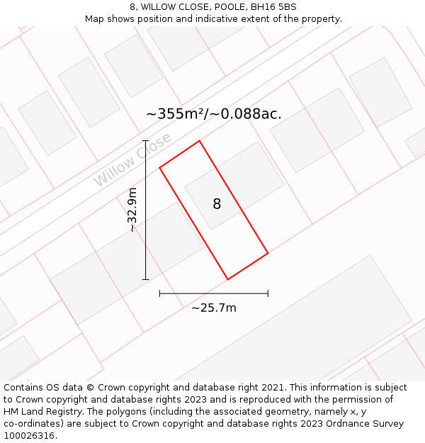 8, WILLOW CLOSE, POOLE, BH16 5BS: Plot and title map