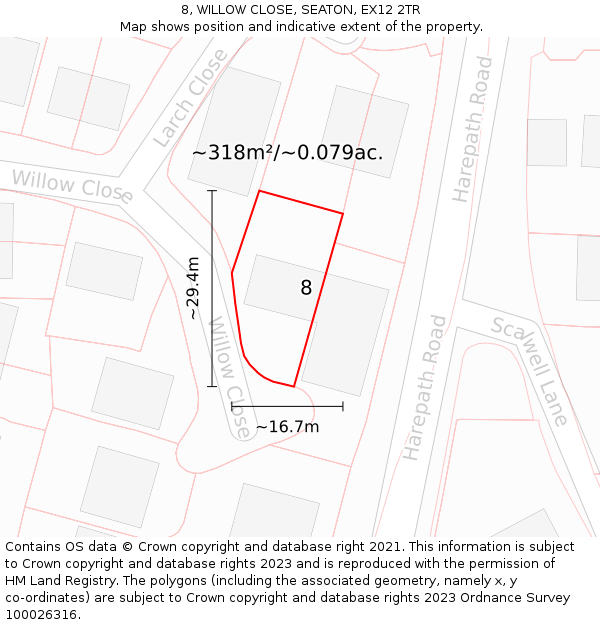 8, WILLOW CLOSE, SEATON, EX12 2TR: Plot and title map