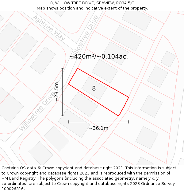 8, WILLOW TREE DRIVE, SEAVIEW, PO34 5JG: Plot and title map