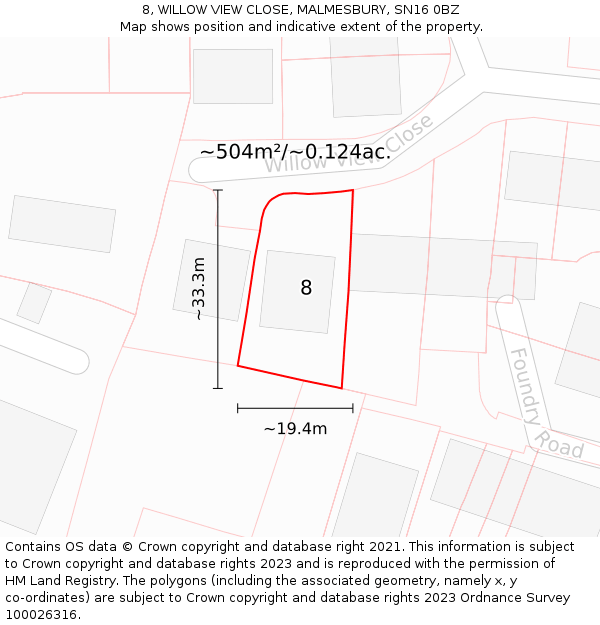 8, WILLOW VIEW CLOSE, MALMESBURY, SN16 0BZ: Plot and title map