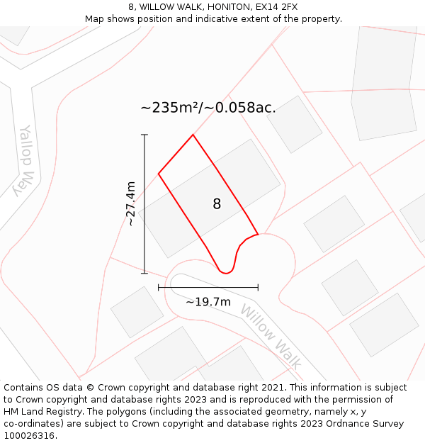 8, WILLOW WALK, HONITON, EX14 2FX: Plot and title map