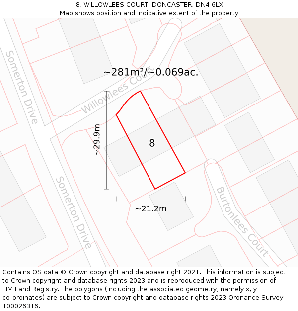 8, WILLOWLEES COURT, DONCASTER, DN4 6LX: Plot and title map