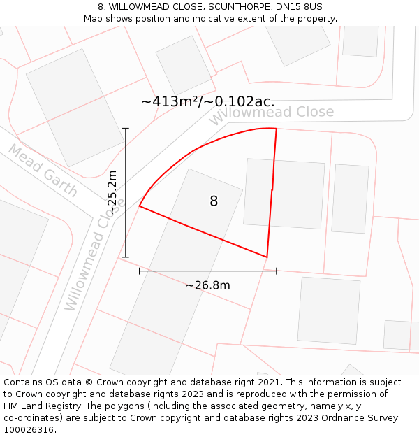 8, WILLOWMEAD CLOSE, SCUNTHORPE, DN15 8US: Plot and title map