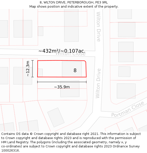 8, WILTON DRIVE, PETERBOROUGH, PE3 9RL: Plot and title map