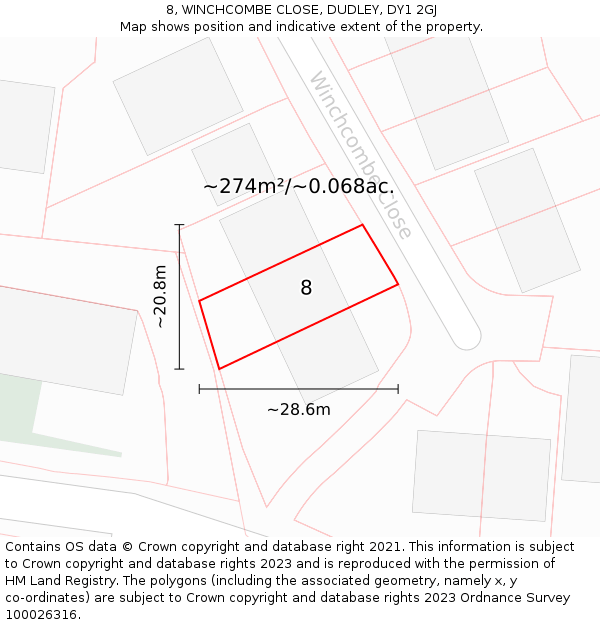 8, WINCHCOMBE CLOSE, DUDLEY, DY1 2GJ: Plot and title map