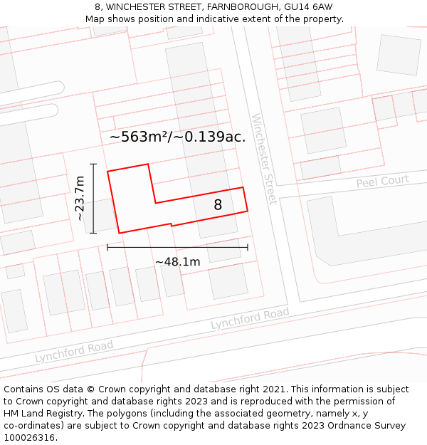 8, WINCHESTER STREET, FARNBOROUGH, GU14 6AW: Plot and title map