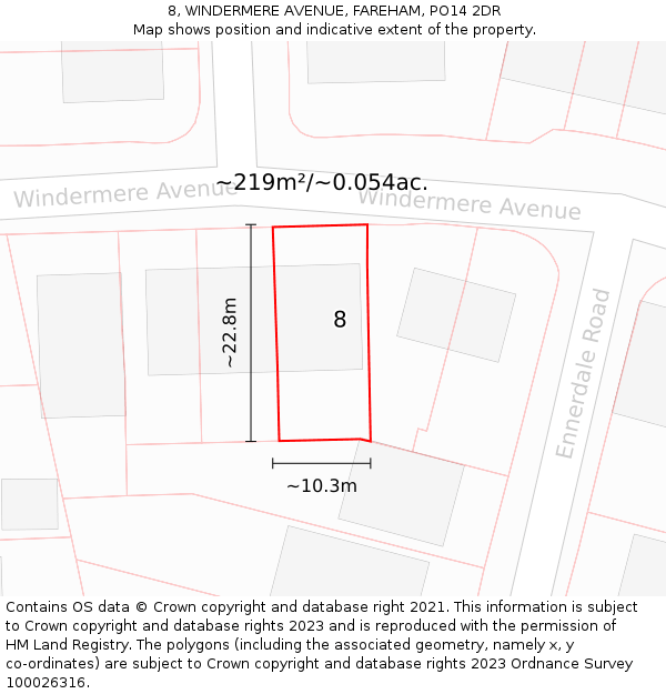 8, WINDERMERE AVENUE, FAREHAM, PO14 2DR: Plot and title map