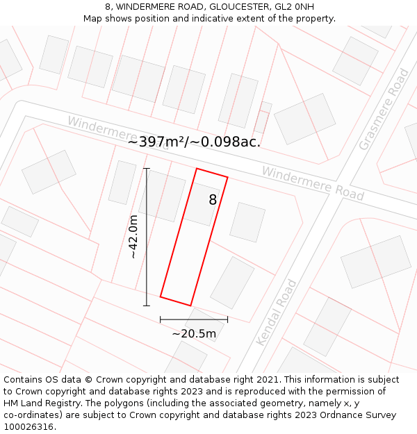 8, WINDERMERE ROAD, GLOUCESTER, GL2 0NH: Plot and title map