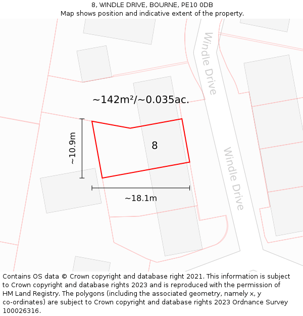 8, WINDLE DRIVE, BOURNE, PE10 0DB: Plot and title map