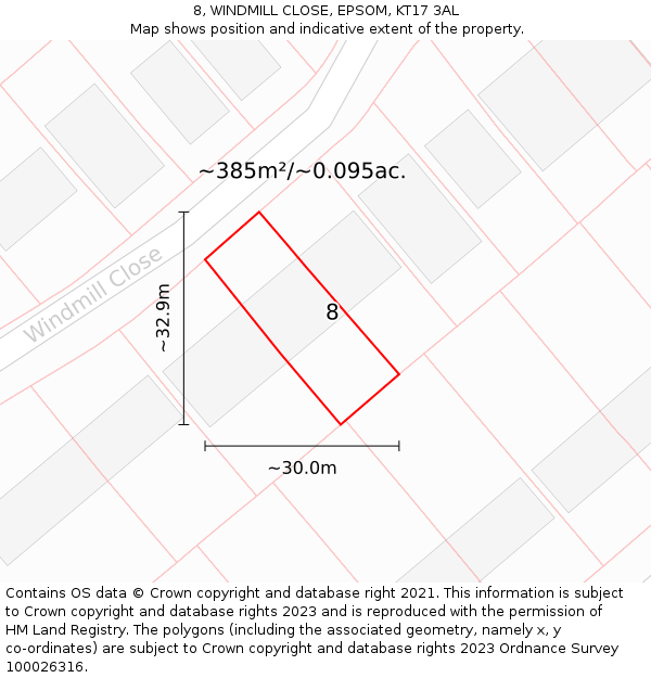 8, WINDMILL CLOSE, EPSOM, KT17 3AL: Plot and title map