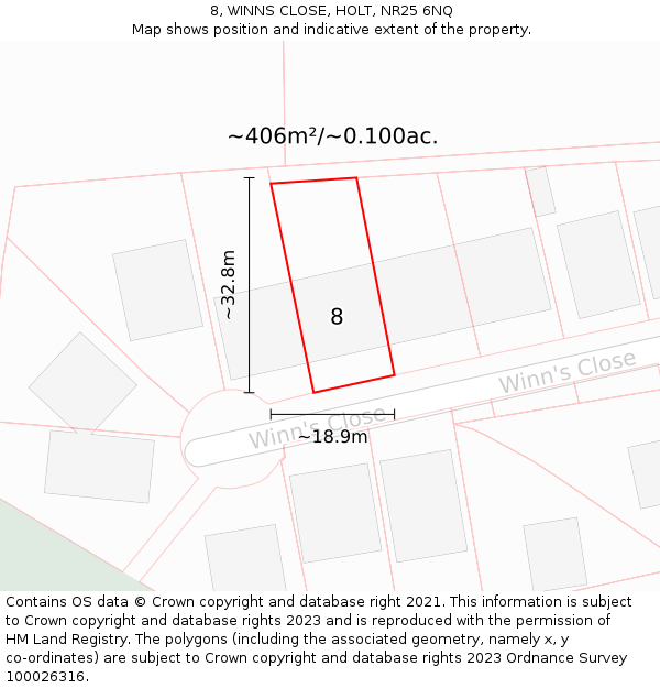 8, WINNS CLOSE, HOLT, NR25 6NQ: Plot and title map