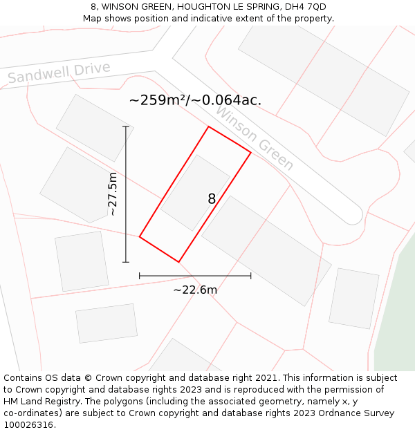 8, WINSON GREEN, HOUGHTON LE SPRING, DH4 7QD: Plot and title map