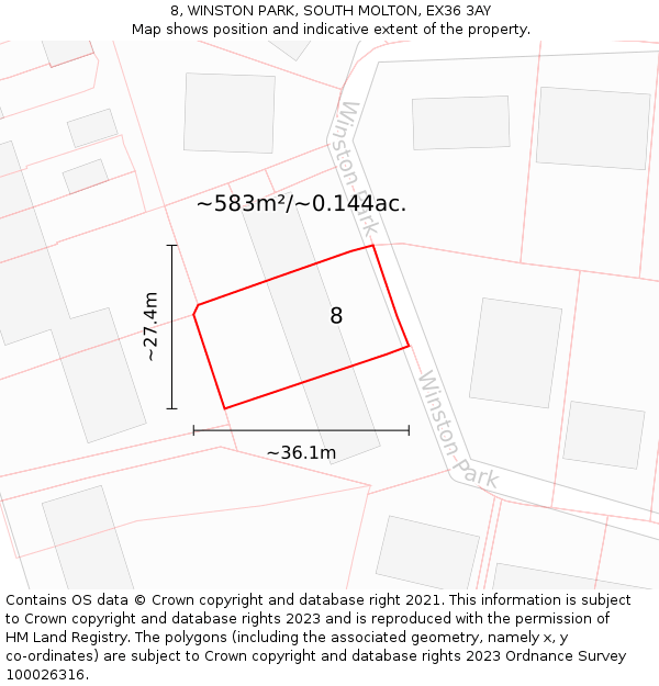 8, WINSTON PARK, SOUTH MOLTON, EX36 3AY: Plot and title map