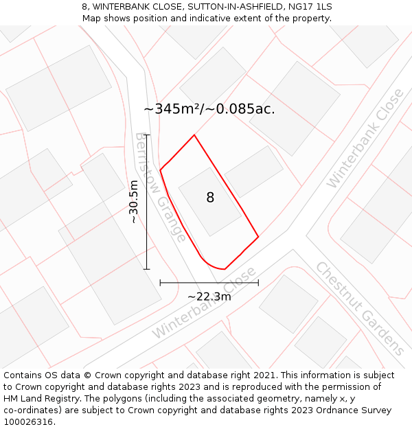 8, WINTERBANK CLOSE, SUTTON-IN-ASHFIELD, NG17 1LS: Plot and title map