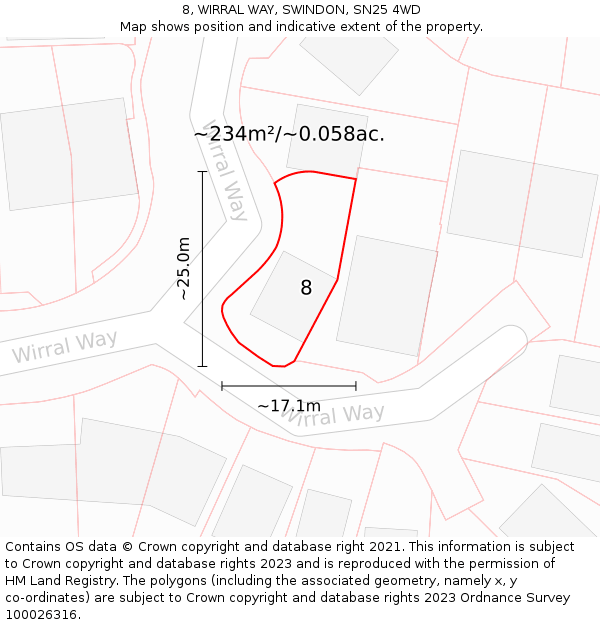 8, WIRRAL WAY, SWINDON, SN25 4WD: Plot and title map