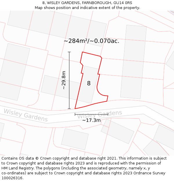 8, WISLEY GARDENS, FARNBOROUGH, GU14 0RS: Plot and title map