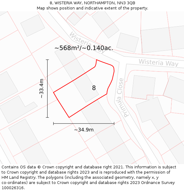 8, WISTERIA WAY, NORTHAMPTON, NN3 3QB: Plot and title map