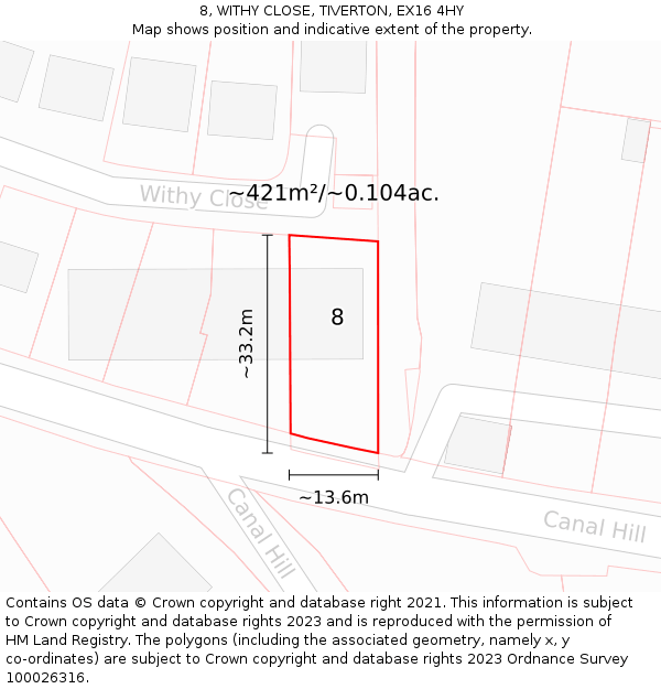 8, WITHY CLOSE, TIVERTON, EX16 4HY: Plot and title map