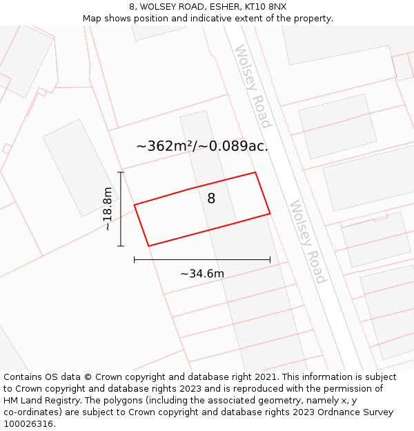 8, WOLSEY ROAD, ESHER, KT10 8NX: Plot and title map