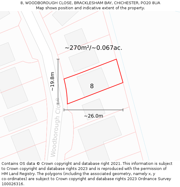 8, WOODBOROUGH CLOSE, BRACKLESHAM BAY, CHICHESTER, PO20 8UA: Plot and title map