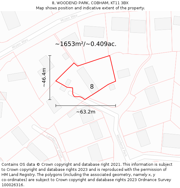 8, WOODEND PARK, COBHAM, KT11 3BX: Plot and title map