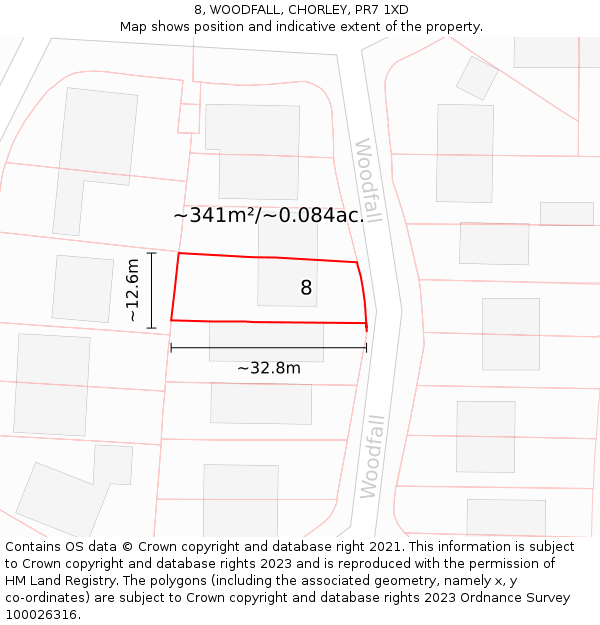 8, WOODFALL, CHORLEY, PR7 1XD: Plot and title map