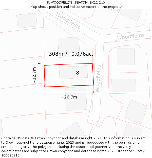 8, WOODFIELDS, SEATON, EX12 2UX: Plot and title map