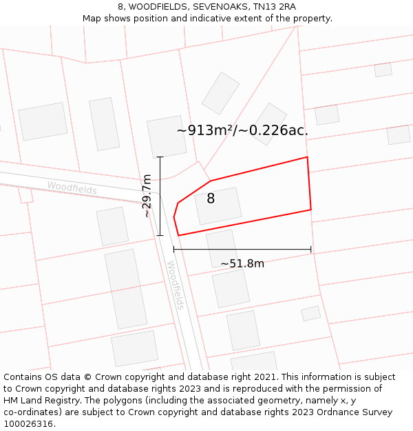 8, WOODFIELDS, SEVENOAKS, TN13 2RA: Plot and title map