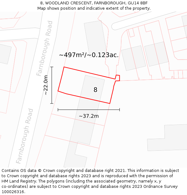 8, WOODLAND CRESCENT, FARNBOROUGH, GU14 8BF: Plot and title map