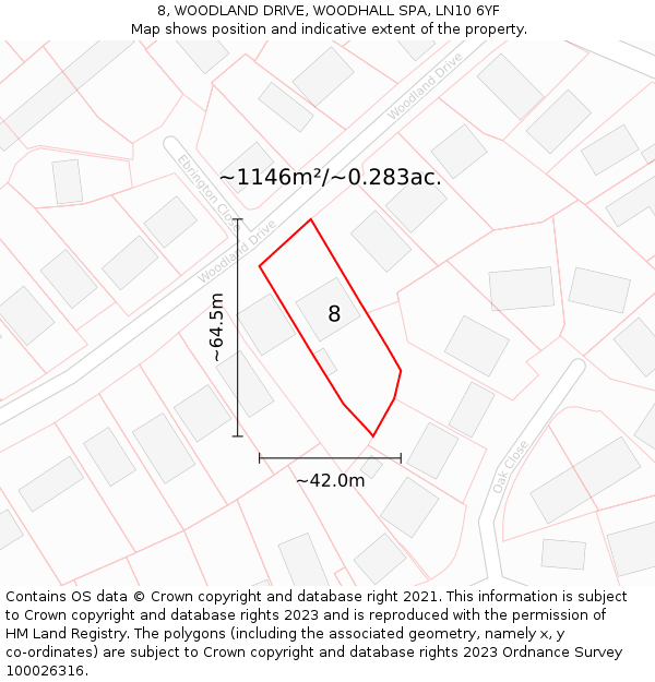 8, WOODLAND DRIVE, WOODHALL SPA, LN10 6YF: Plot and title map