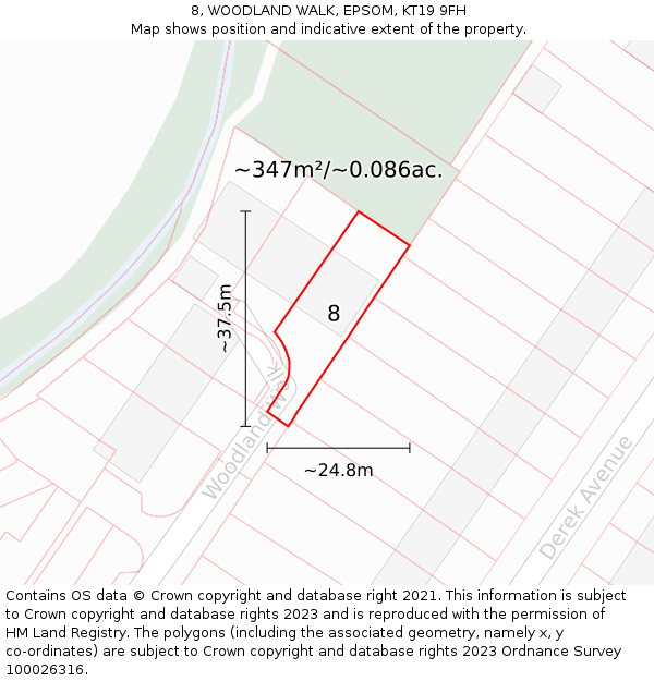 8, WOODLAND WALK, EPSOM, KT19 9FH: Plot and title map