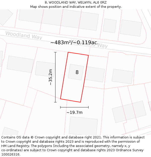 8, WOODLAND WAY, WELWYN, AL6 0RZ: Plot and title map