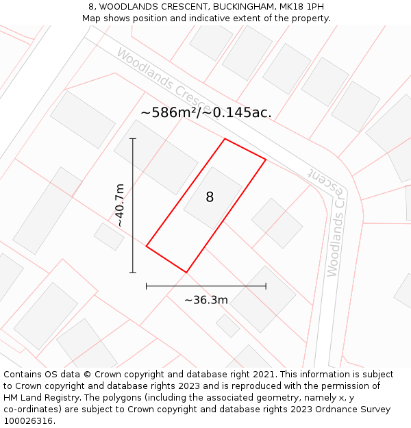 8, WOODLANDS CRESCENT, BUCKINGHAM, MK18 1PH: Plot and title map